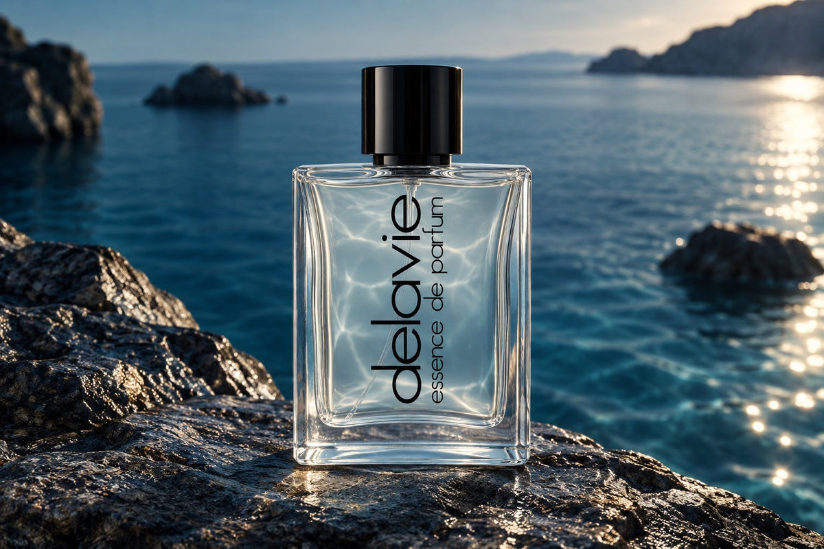 Delavie-Parfumflasche auf einem dunklen Küstenfelsen vor tiefblauem Wasser mit Lichtreflexen auf dem Glas.