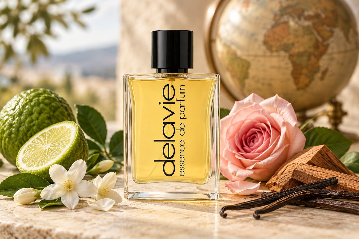 Delavie-Parfumflasche mit Bergamotte, Blüten, Vanille und Sandelholz vor einem unscharfen Globus.