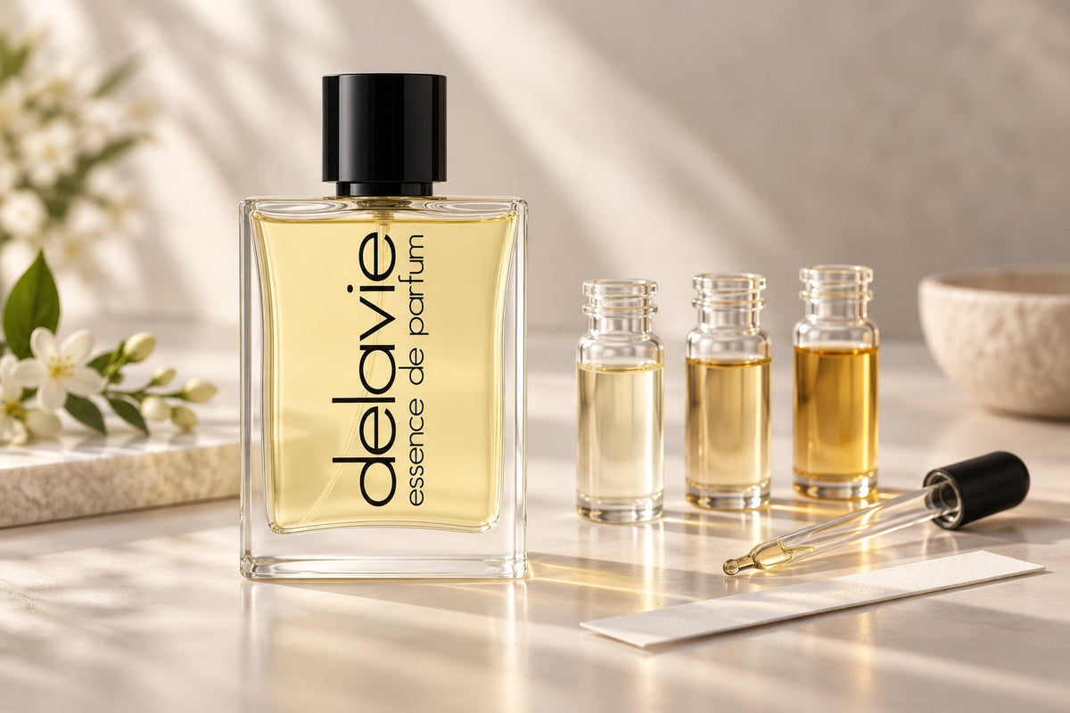 Delavie-Parfumflasche neben drei Glasfläschchen mit unterschiedlich gefärbter Flüssigkeit, Pipette und Duftstreifen.