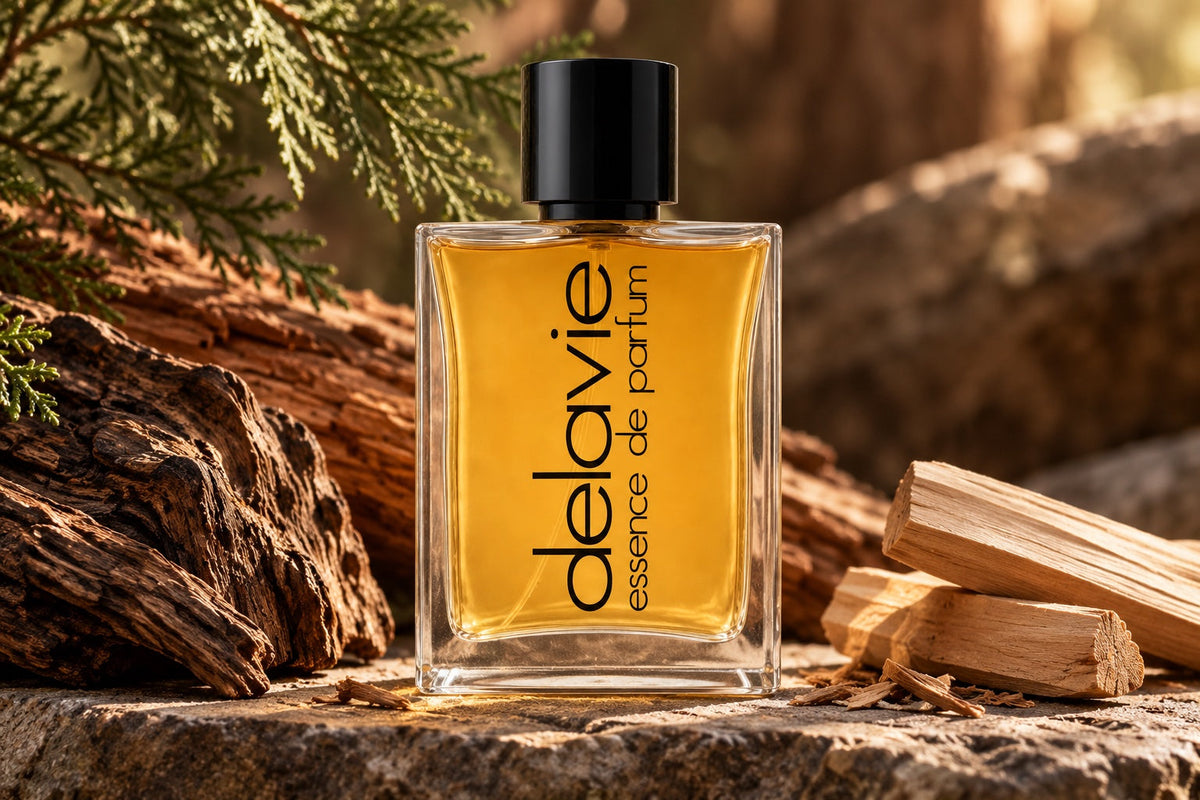 Delavie-Parfumflasche zwischen Zedernholz, Sandelholz und dunklem Oudholz auf einer Steinfläche.