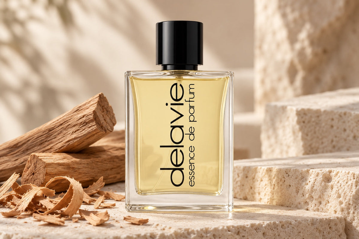 Delavie-Parfumflasche neben hellen Sandelholzstücken und feinen Holzspänen auf cremefarbenem Stein.