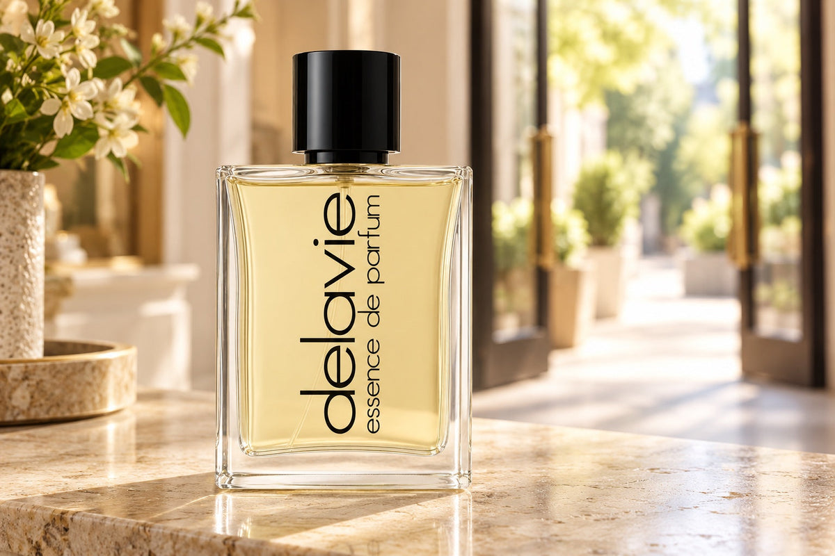 elavie-Parfumflasche auf einem hellen Ladentresen vor einer offenen, sonnigen Eingangstür.