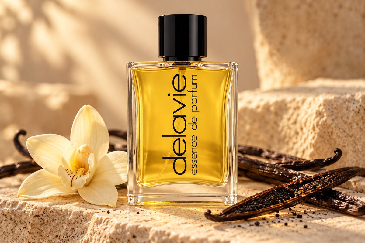 Delavie-Parfumflasche mit dunklen Vanilleschoten, sichtbaren Vanillesamen und einer cremefarbenen Orchideenblüte.