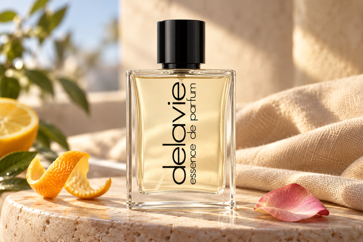 Delavie-Parfumflasche mit Lavendel, einer Zitrusscheibe und hellem Stoff im sanften Fensterlicht.