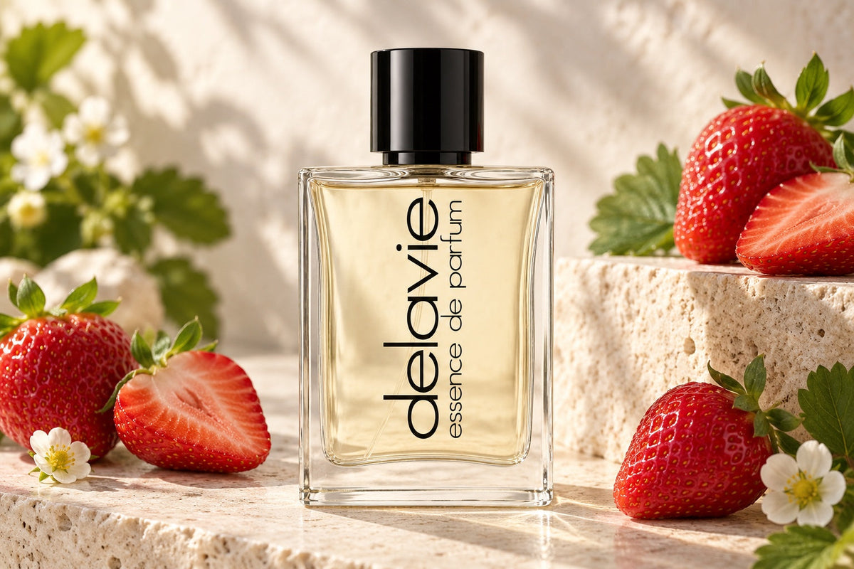  Delavie-Parfumflasche zwischen ganzen und halbierten Erdbeeren mit grünen Blättern auf hellem Stein.