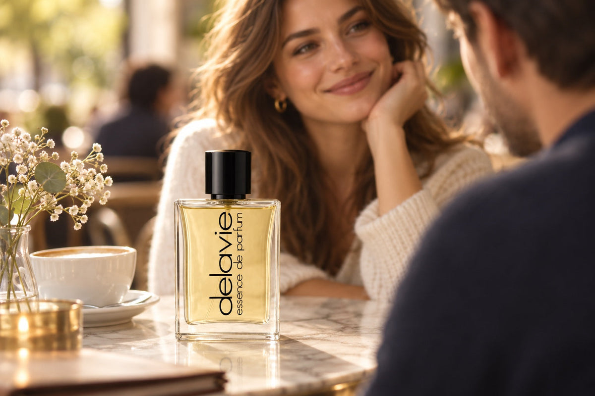 Delavie-Parfumflasche auf einem Cafétisch zwischen zwei Erwachsenen, die sich lächelnd zugewandt sind.