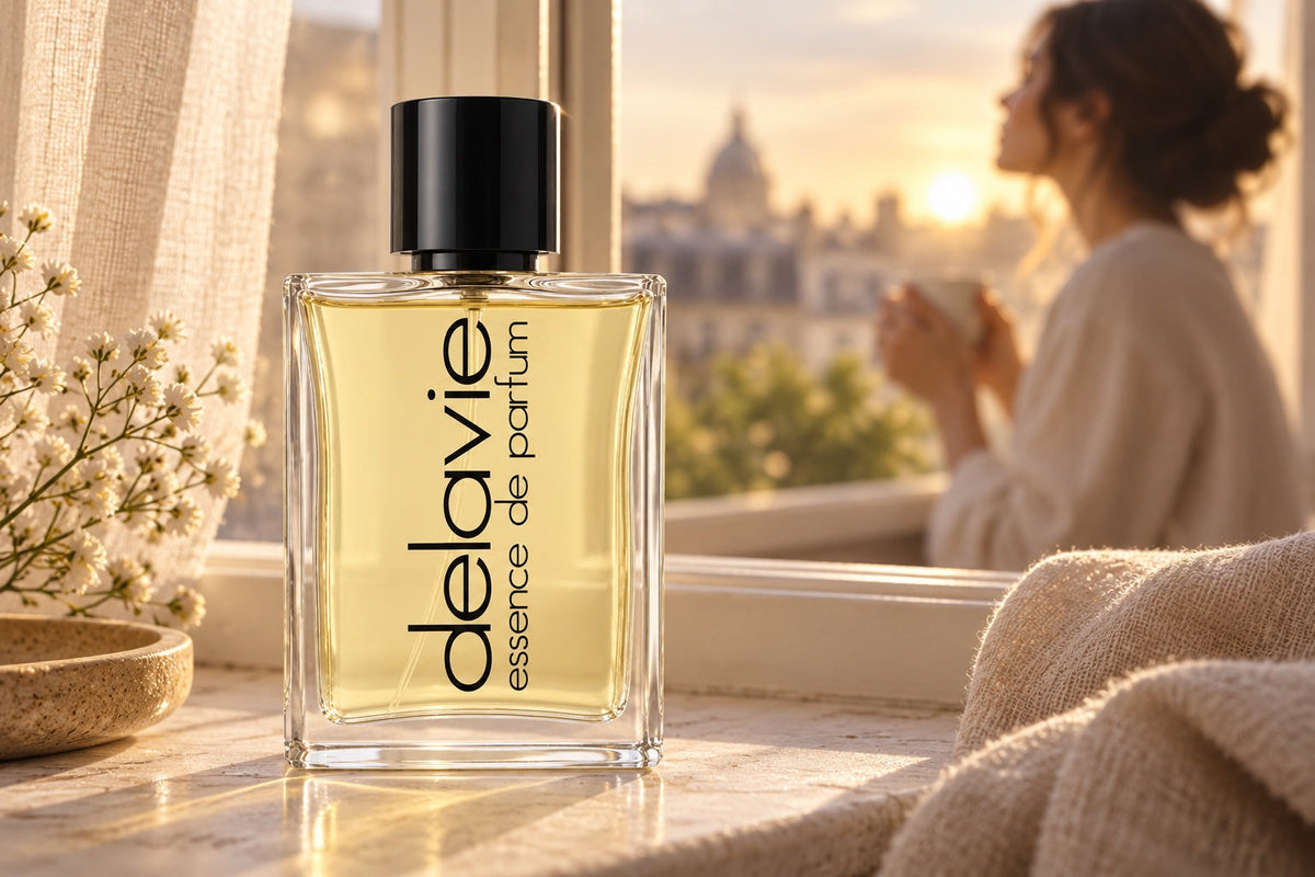  Delavie-Parfumflasche auf einer hellen Fensterbank; im Hintergrund steht eine Person im warmen Abendlicht.