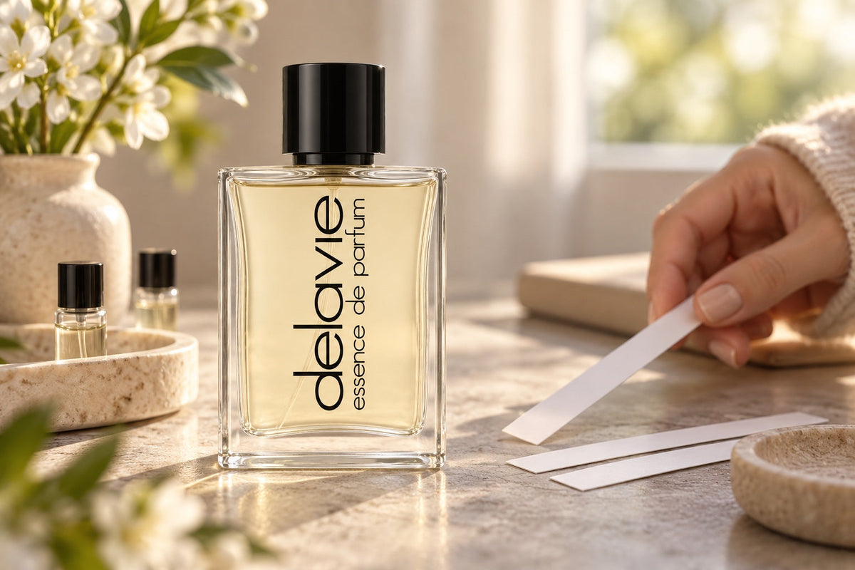  Delavie-Parfumflasche neben Probefläschchen und weißen Duftstreifen; eine Hand wählt einen Streifen aus.