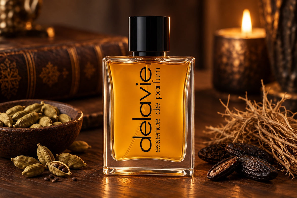  Delavie-Parfumflasche mit Kardamom, Tonkabohnen und Vetiverwurzeln vor einem alten Buch im Kerzenlicht.