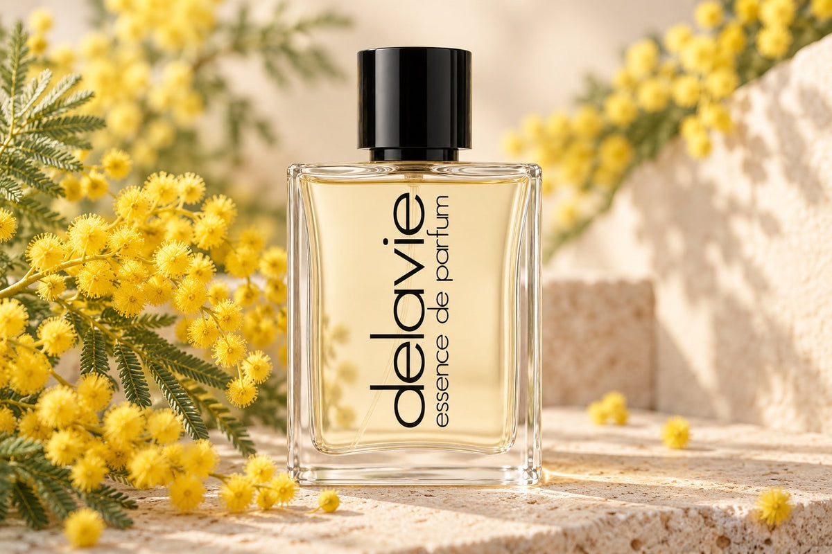 Delavie-Parfumflasche zwischen gelben Mimosenblüten und feinem grünen Laub auf hellem Stein.