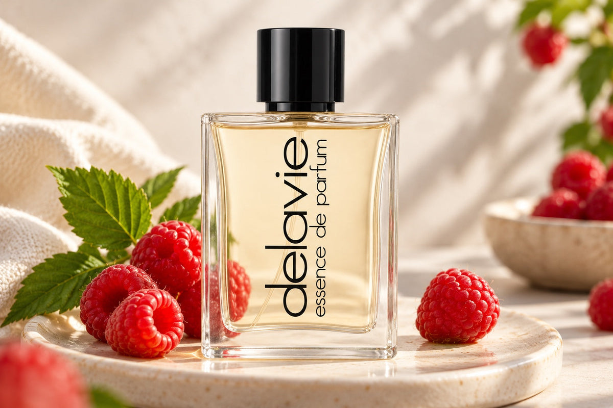 Delavie-Parfumflasche neben roten Himbeeren und einem grünen Himbeerblatt auf heller Keramik.