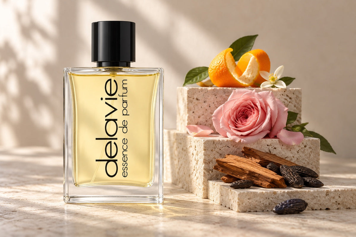Delavie-Parfumflasche neben drei Steinstufen mit Zitrusschale, einer Rose sowie Holz und Tonkabohnen.