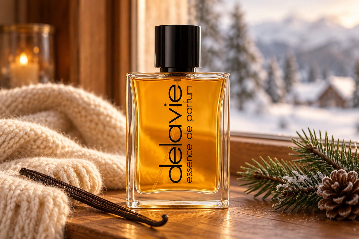 Delavie-Parfumflasche mit Wollschal, Vanille und einem Kiefernzweig am Fenster vor verschneiter Landschaft.