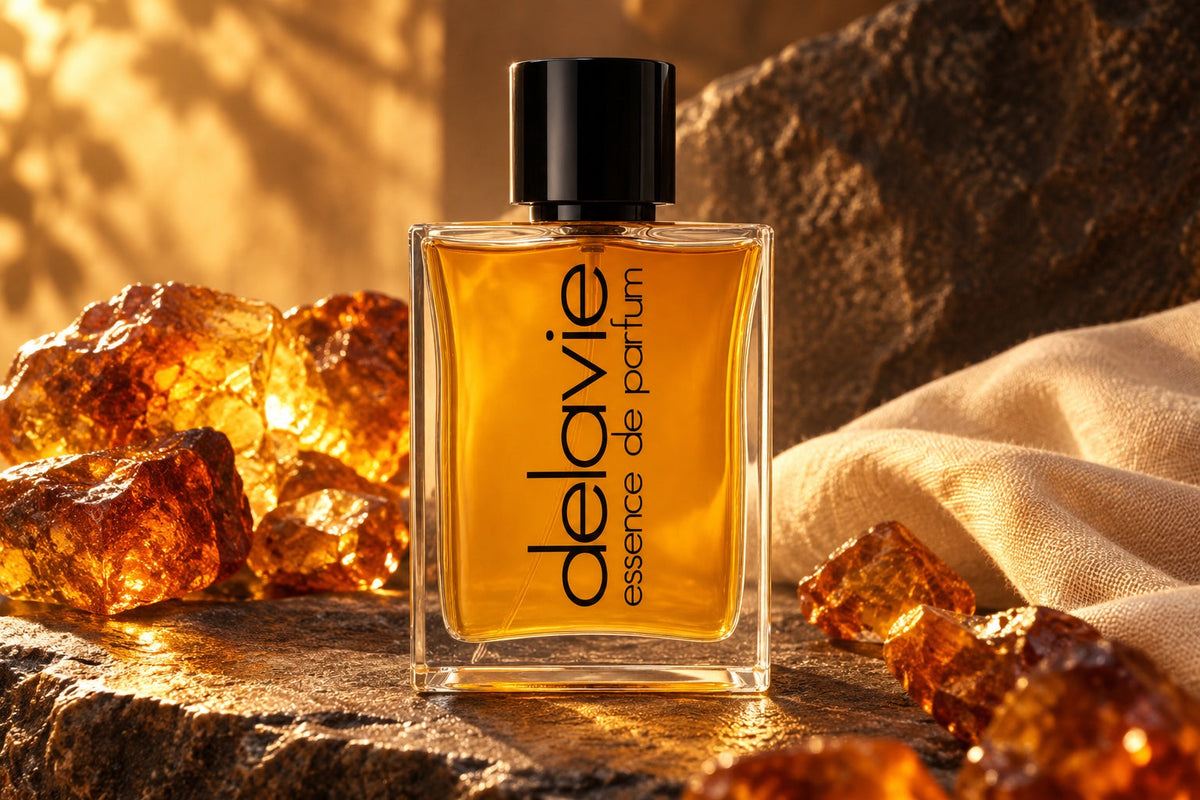 Delavie-Parfumflasche zwischen leuchtenden bernsteinfarbenen Harzsteinen und hellem Stoff im goldenen Licht.