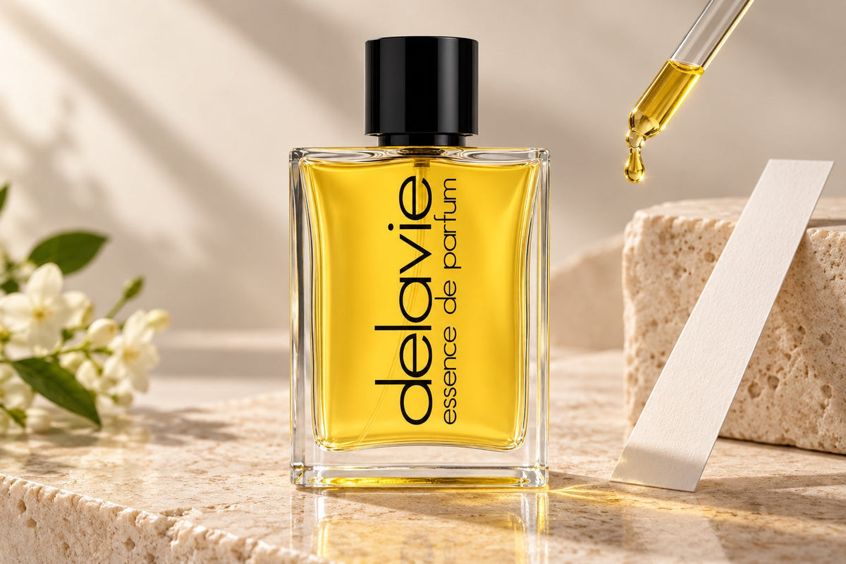 Delavie-Parfumflasche mit lesbarem Schriftzug „essence de parfum“, einer Pipette mit goldenem Tropfen und Duftstreifen.