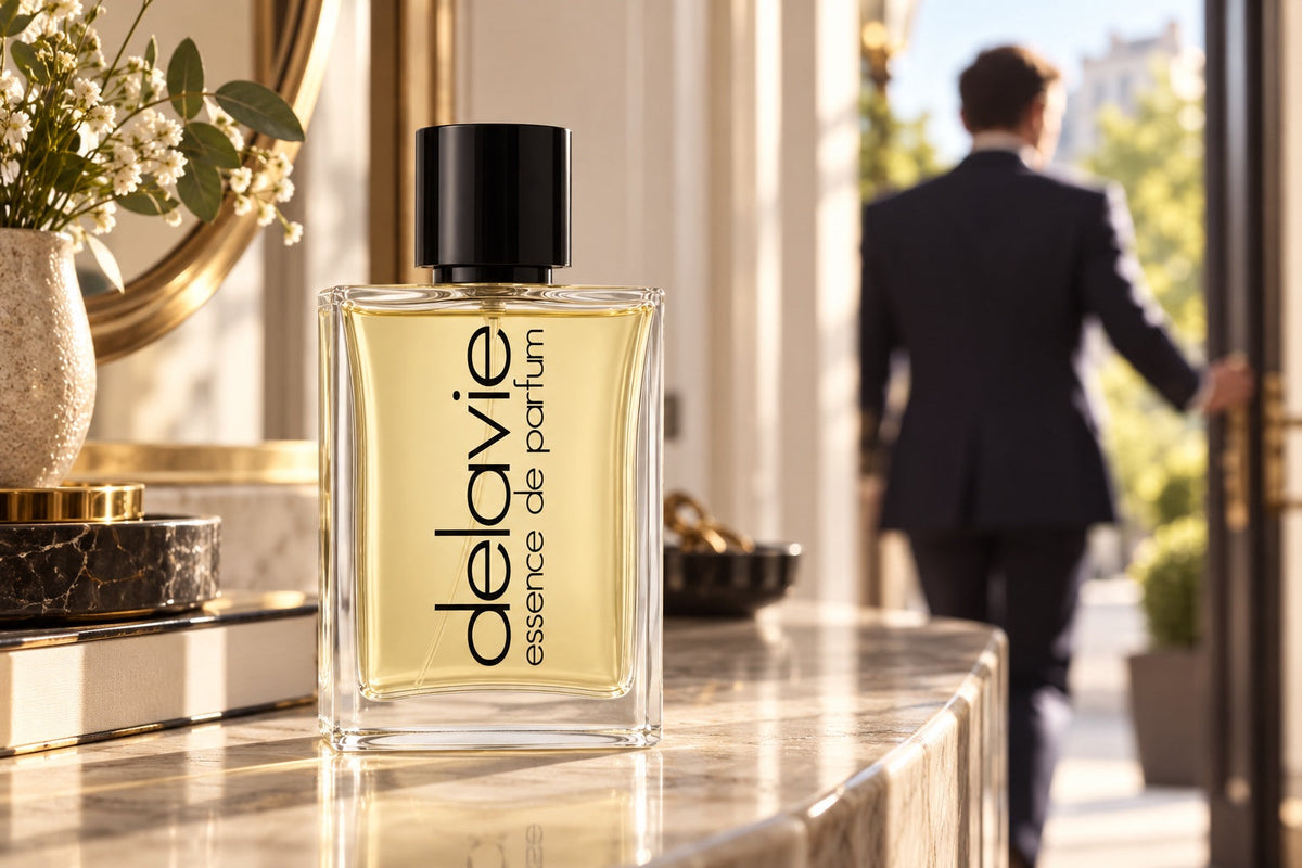 Delavie-Parfumflasche auf einer Konsole im Flur; im Hintergrund geht eine Person durch eine sonnige Tür.