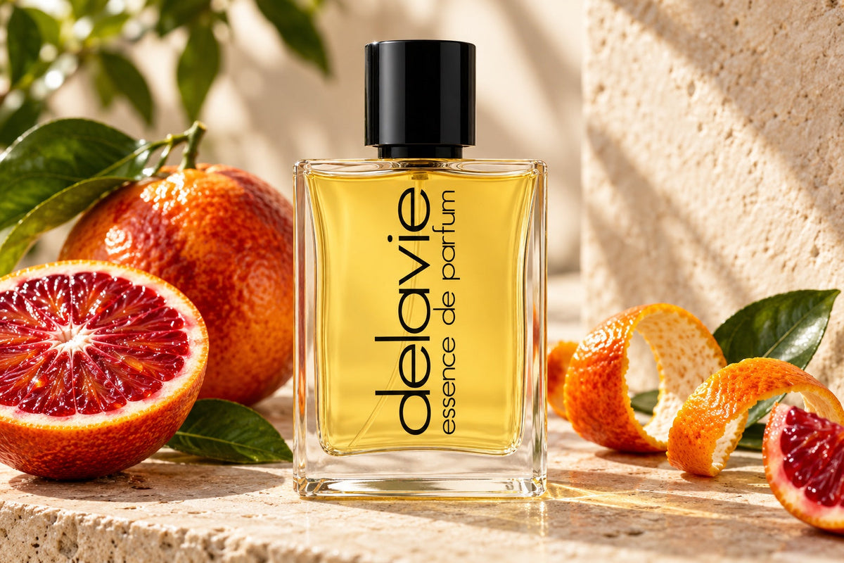 Delavie-Parfumflasche mit ganzen und halbierten Blutorangen, Orangenschale und grünen Blättern auf hellem Stein.