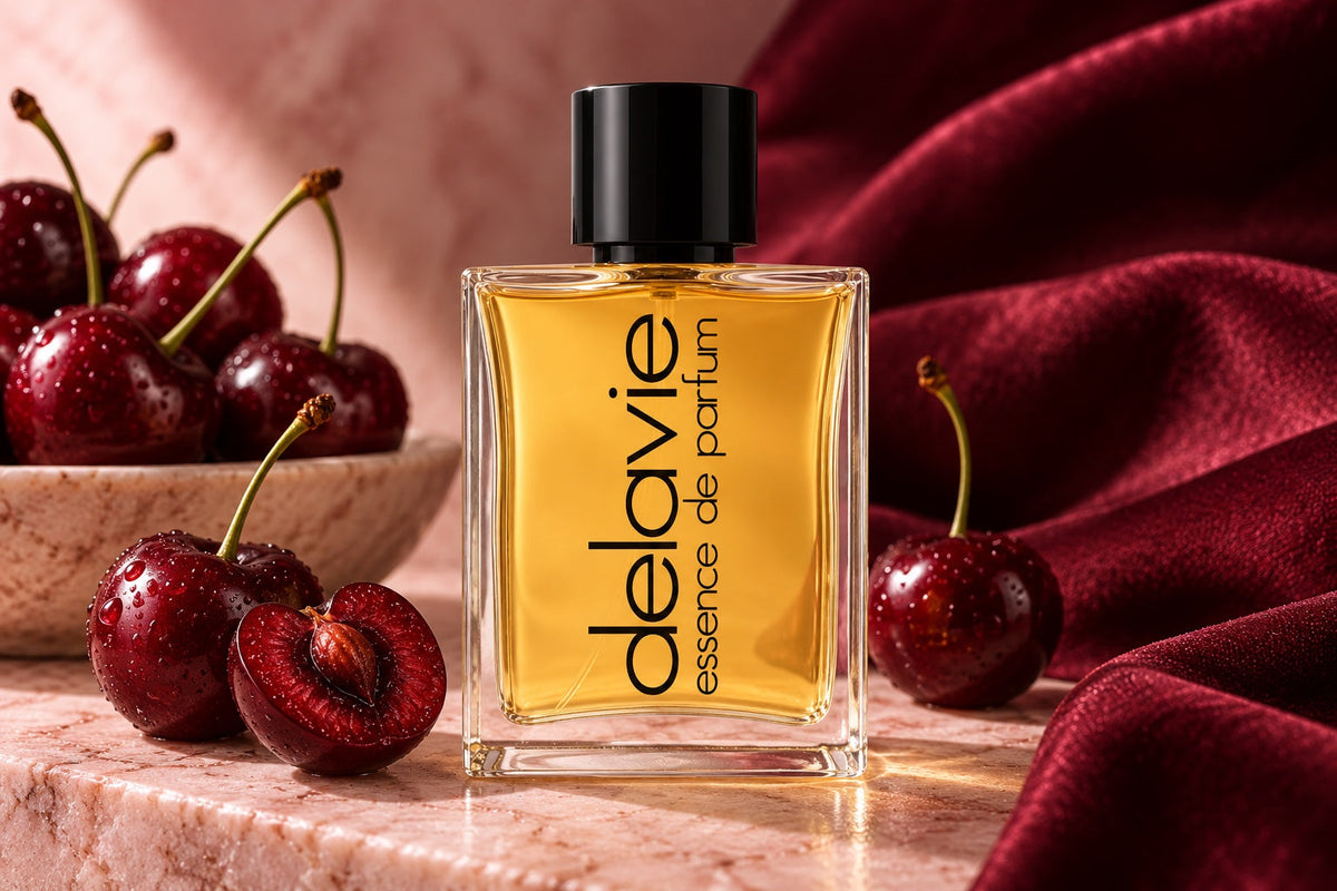 Delavie-Parfumflasche neben dunkelroten Kirschen und einer halbierten Frucht auf hellem Stein mit rotem Stoff.